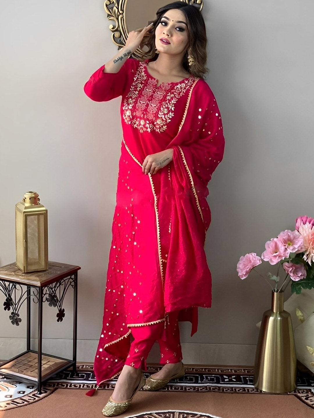 Kalini Floral Yoke Design Sequinned Kurta With Trousers & Dupatta - Distacart