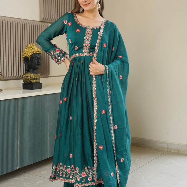 Lorenvalley Fashion Rama Noha Crush Silk with Embroidery Threads & Sequins Work Anarkali Sharara with Dupatta - Distacart