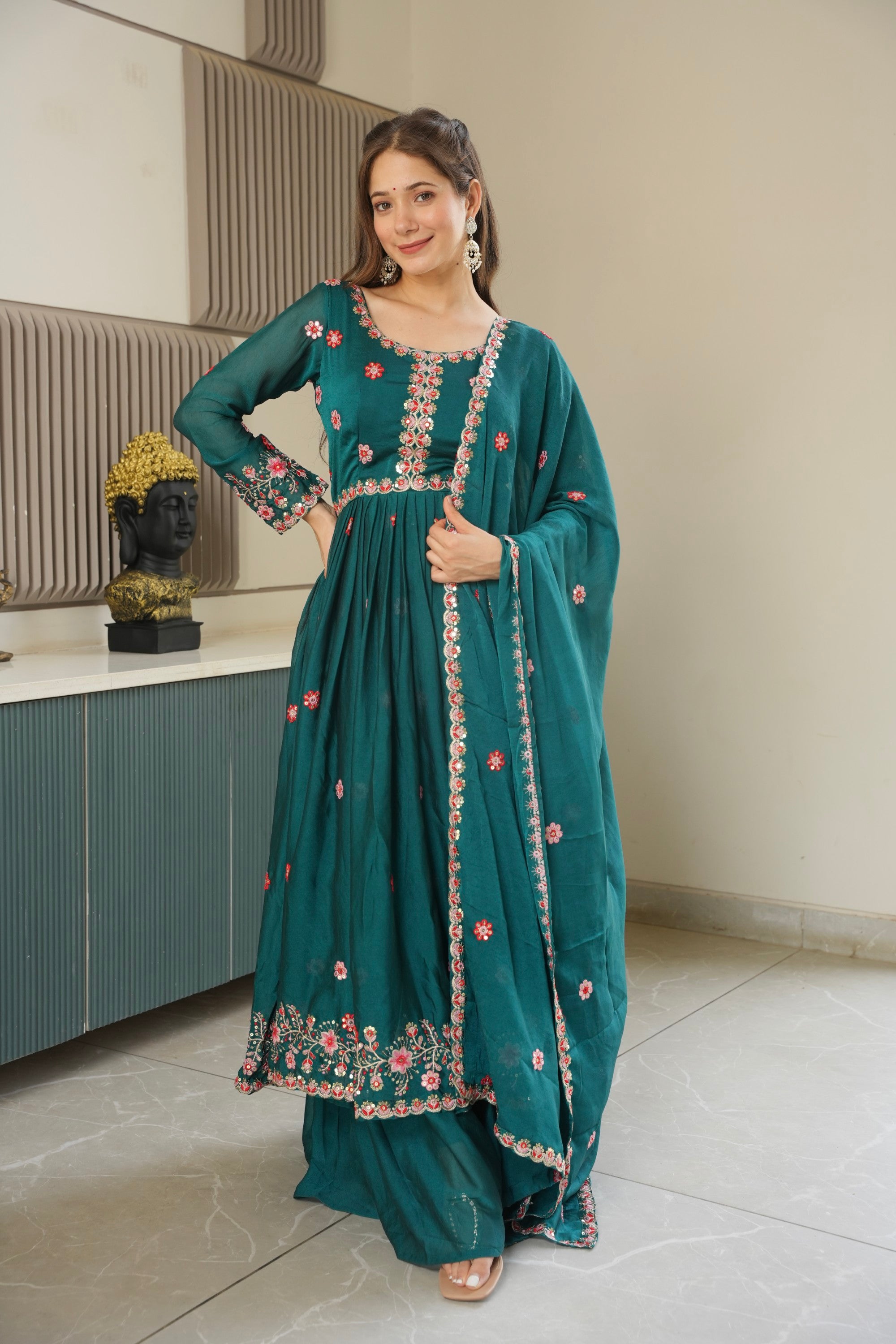 Lorenvalley Fashion Rama Noha Crush Silk with Embroidery Threads & Sequins Work Anarkali Sharara with Dupatta - Distacart