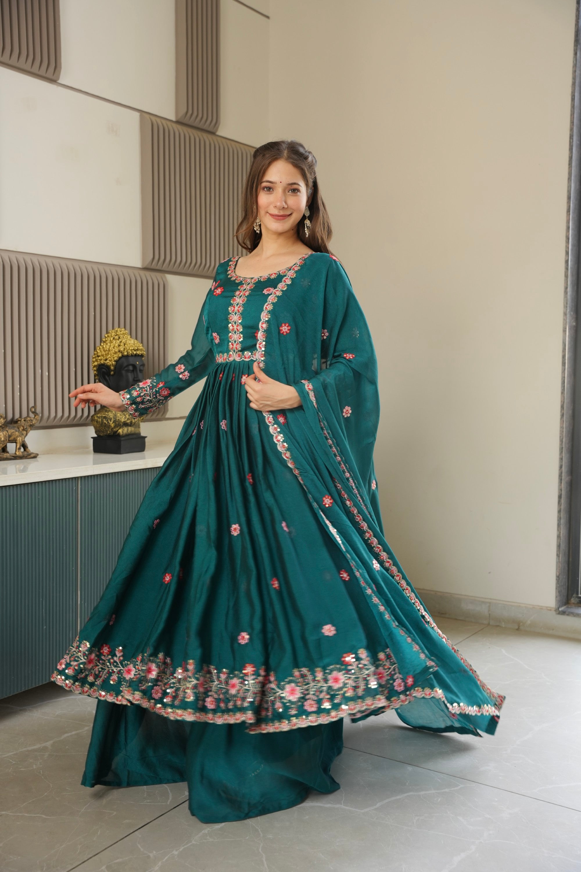 Lorenvalley Fashion Rama Noha Crush Silk with Embroidery Threads & Sequins Work Anarkali Sharara with Dupatta - Distacart