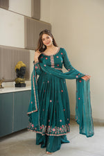 Thumbnail for Lorenvalley Fashion Rama Noha Crush Silk with Embroidery Threads & Sequins Work Anarkali Sharara with Dupatta - Distacart