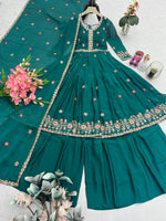 Thumbnail for Lorenvalley Fashion Rama Noha Crush Silk with Embroidery Threads & Sequins Work Anarkali Sharara with Dupatta - Distacart