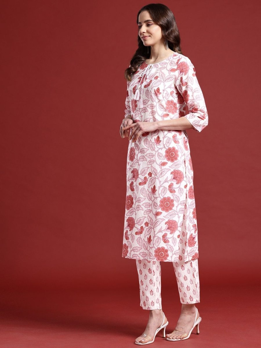 Anouk Floral Print Cotton Kurta with Trousers & Dupatta