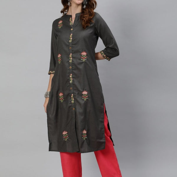 Aks Floral Embroidered Mandarin Collar Thread Work Detailed Straight Kurta with Trousers - Distacart