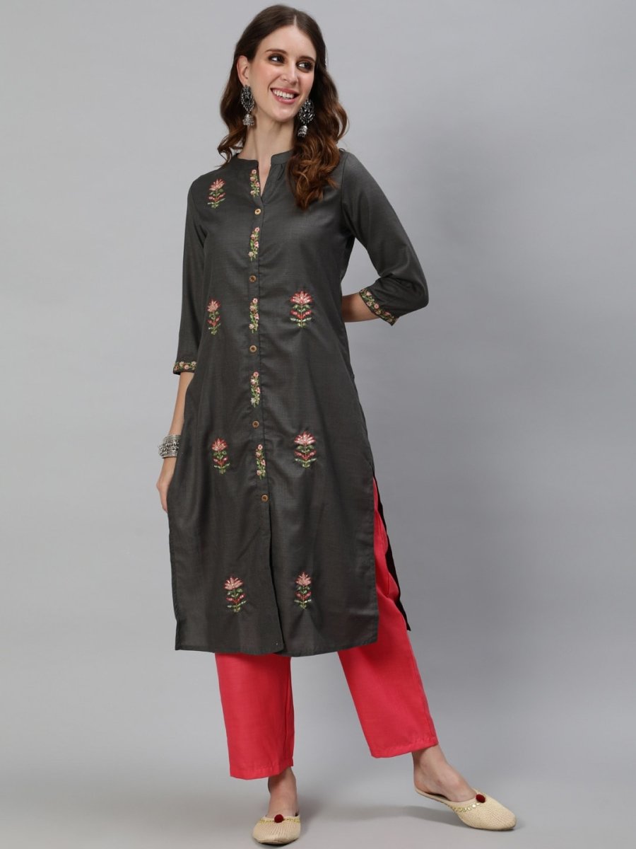 Aks Floral Embroidered Mandarin Collar Thread Work Detailed Straight Kurta with Trousers - Distacart