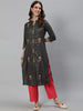 Aks Floral Embroidered Mandarin Collar Thread Work Detailed Straight Kurta with Trousers - Distacart