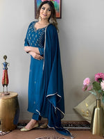Thumbnail for Kalini Ethnic Motifs Embroidered Thread Work Detail Straight Kurta & Trousers With Dupatta - Distacart