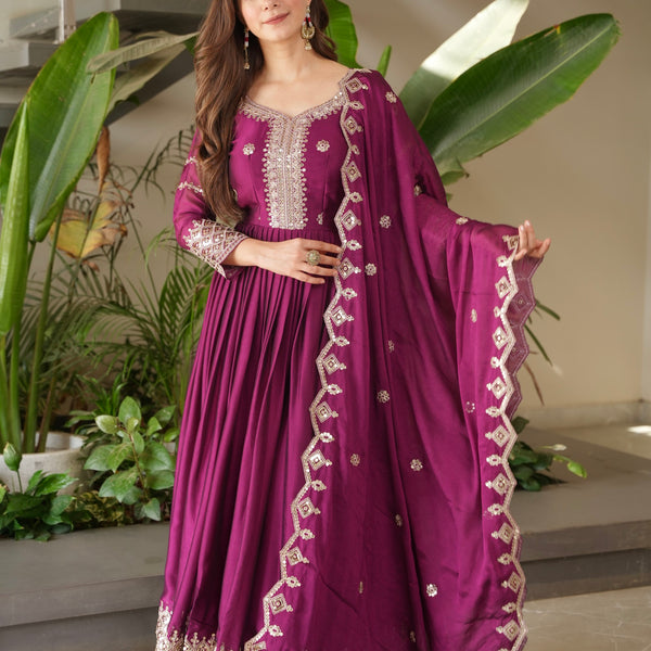 Lorenvalley Fashion Purple Noha Crush Silk with Embroidery Threads & Sequins Work Anarkali Gown with Dupatta - Distacart