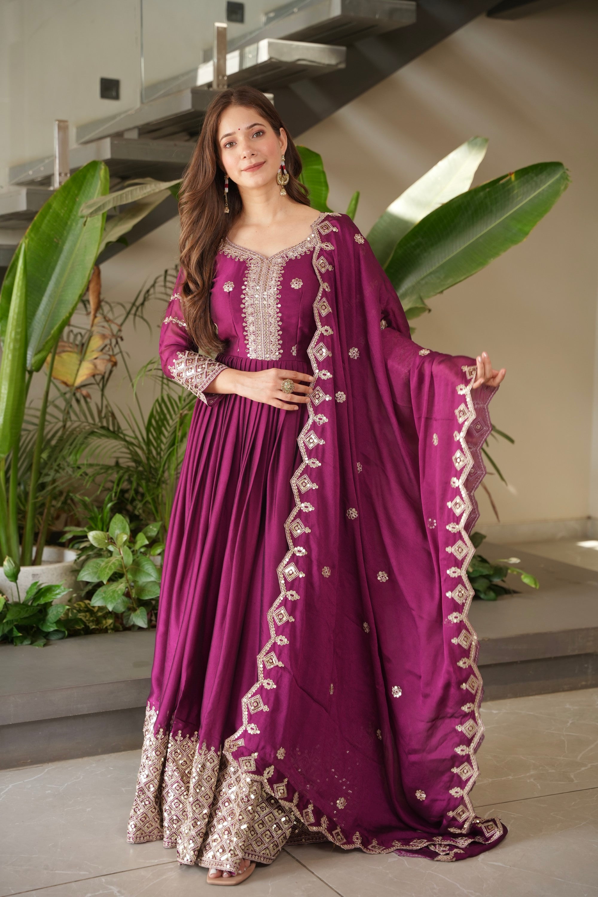 Lorenvalley Fashion Purple Noha Crush Silk with Embroidery Threads & Sequins Work Anarkali Gown with Dupatta - Distacart