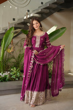 Thumbnail for Lorenvalley Fashion Purple Noha Crush Silk with Embroidery Threads & Sequins Work Anarkali Gown with Dupatta - Distacart