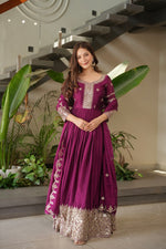 Thumbnail for Lorenvalley Fashion Purple Noha Crush Silk with Embroidery Threads & Sequins Work Anarkali Gown with Dupatta - Distacart
