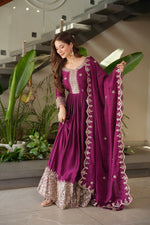 Thumbnail for Lorenvalley Fashion Purple Noha Crush Silk with Embroidery Threads & Sequins Work Anarkali Gown with Dupatta - Distacart