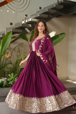 Thumbnail for Lorenvalley Fashion Purple Noha Crush Silk with Embroidery Threads & Sequins Work Anarkali Gown with Dupatta - Distacart