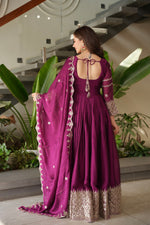 Thumbnail for Lorenvalley Fashion Purple Noha Crush Silk with Embroidery Threads & Sequins Work Anarkali Gown with Dupatta - Distacart