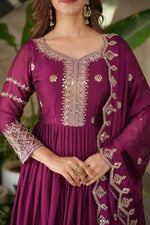 Thumbnail for Lorenvalley Fashion Purple Noha Crush Silk with Embroidery Threads & Sequins Work Anarkali Gown with Dupatta - Distacart