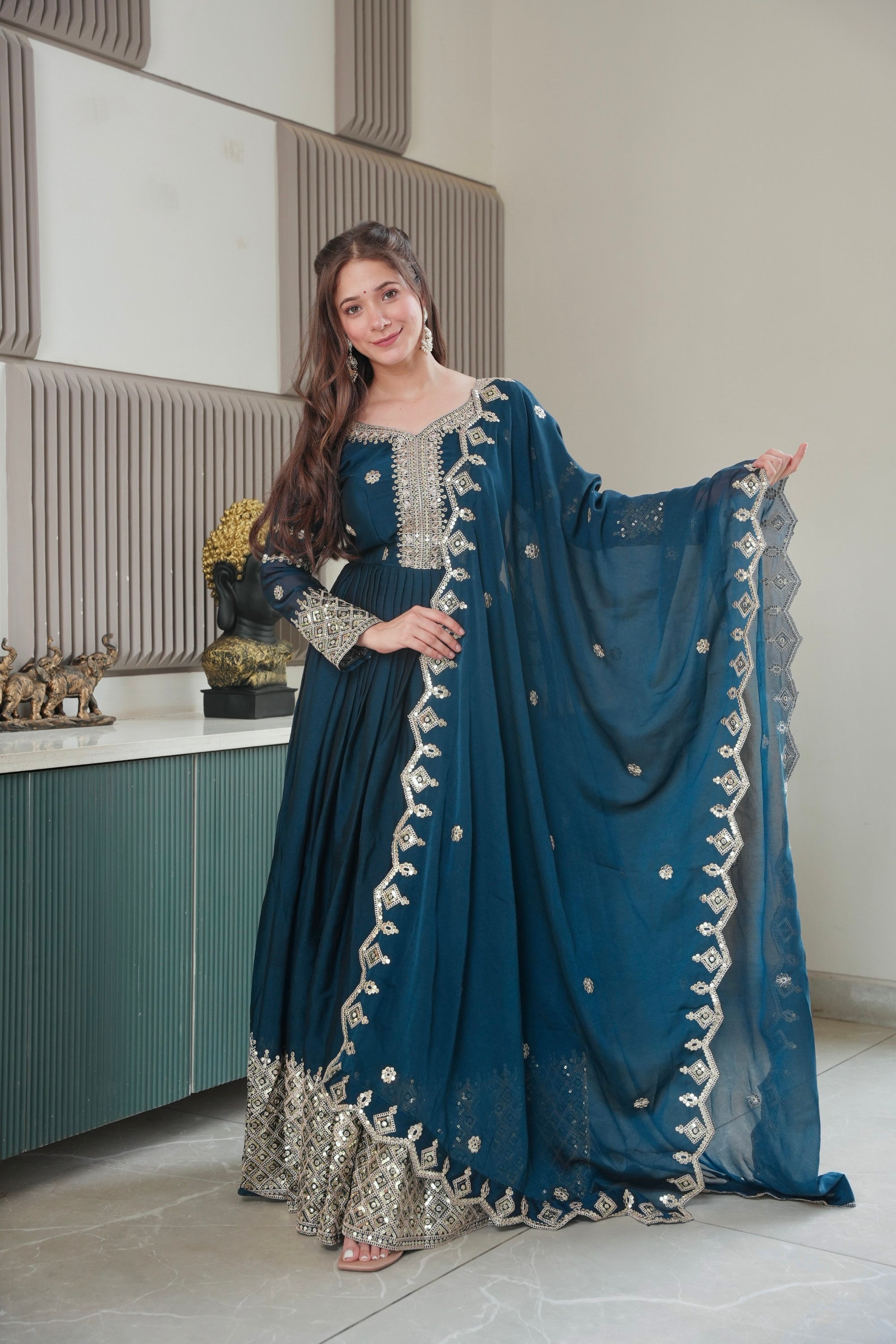 Lorenvalley Fashion Rama Noha Crush Silk with Embroidery Threads & Sequins Work Anarkali Gown with Dupatta - Distacart