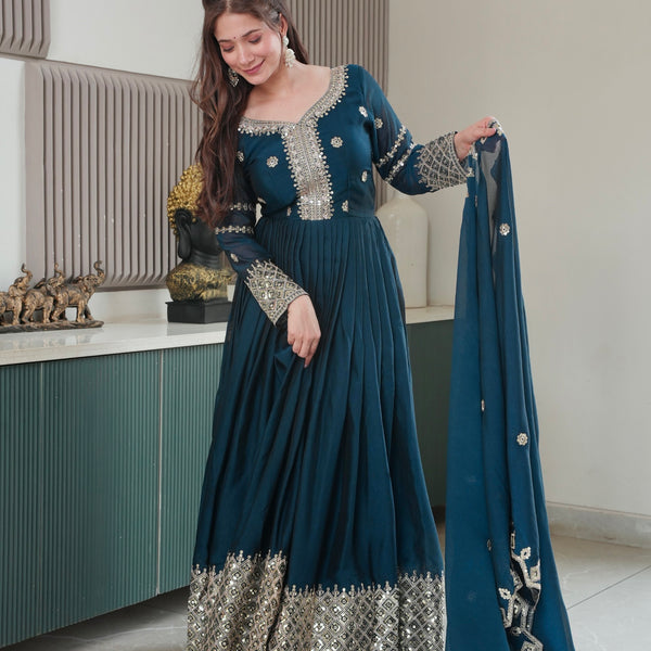 Lorenvalley Fashion Rama Noha Crush Silk with Embroidery Threads & Sequins Work Anarkali Gown with Dupatta - Distacart