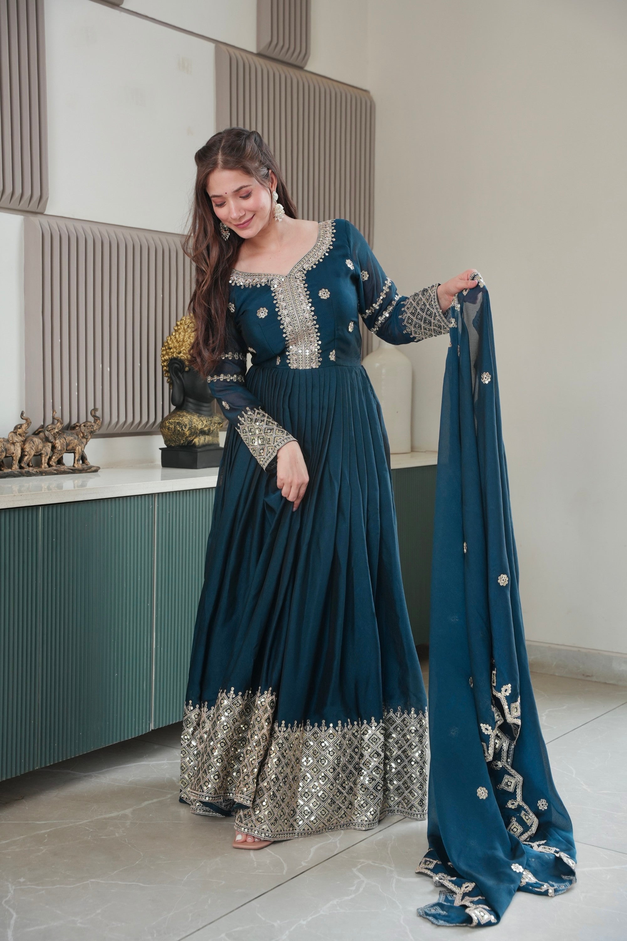 Lorenvalley Fashion Rama Noha Crush Silk with Embroidery Threads & Sequins Work Anarkali Gown with Dupatta - Distacart