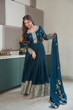 Thumbnail for Lorenvalley Fashion Rama Noha Crush Silk with Embroidery Threads & Sequins Work Anarkali Gown with Dupatta - Distacart