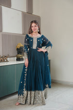 Thumbnail for Lorenvalley Fashion Rama Noha Crush Silk with Embroidery Threads & Sequins Work Anarkali Gown with Dupatta - Distacart