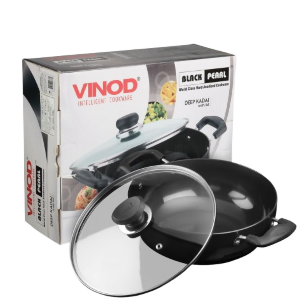Vinod Black Pearl Hard Anodised Deep Kadai with Glass Lid - Dista