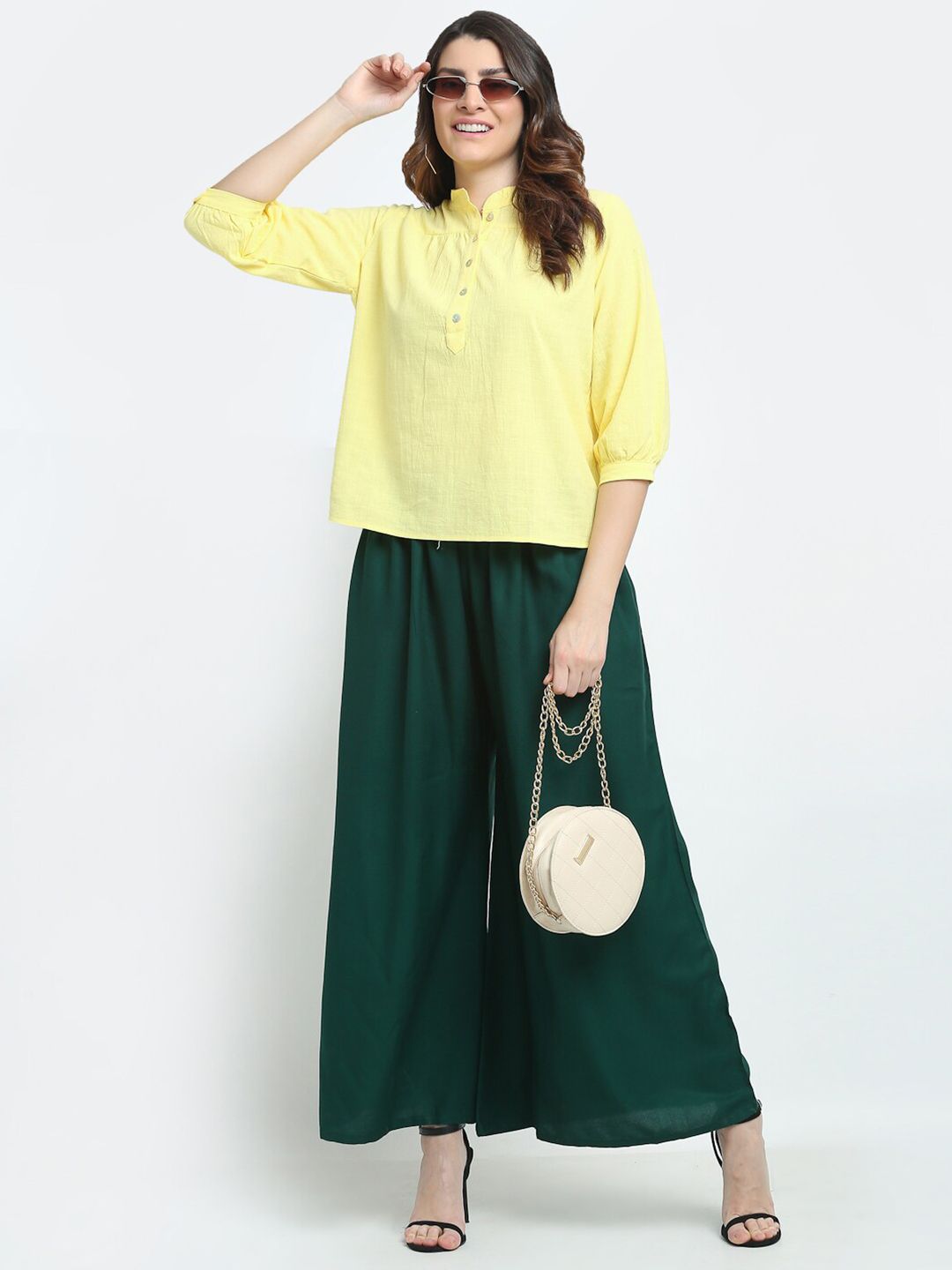 TAG 7 Women Green Solid Flared Palazzos