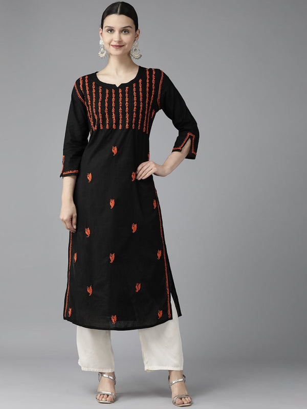 ADA Women Black & Orange Ethnic Motifs Embroidered Chikankari Kurta - Distacart