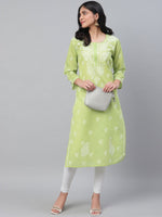 Thumbnail for ADA Women Green & White Chikankari Hand Embroidered Straight Sustainable Handloom Kurta - Distacart