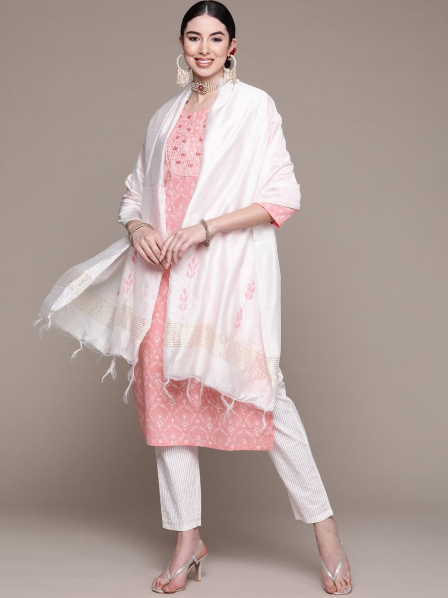 Anubhutee Floral Printed Mirror Work Pure Cotton Kurta with Trousers & Dupatta - Distacart