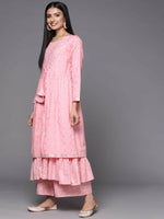 Thumbnail for Ahalyaa Pink & Gold Ethnic Printed Layered Front Slit Cotton Anarkali Kurta Palazzos - Distacart