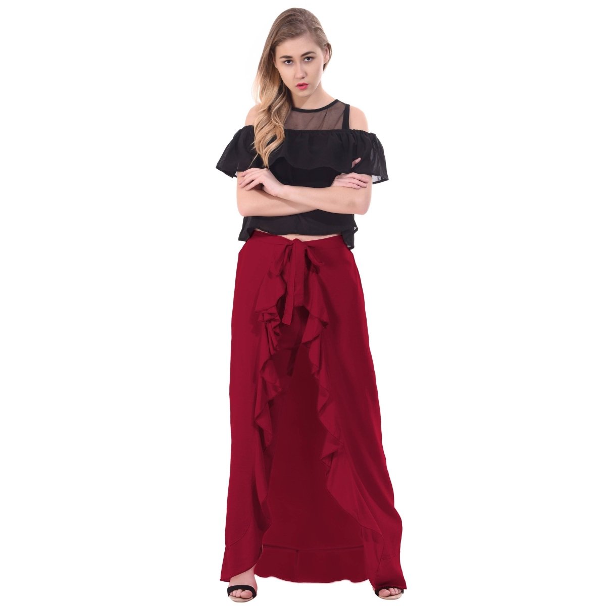 Asmaani Maroon Color Plain Ruffle Palazzo