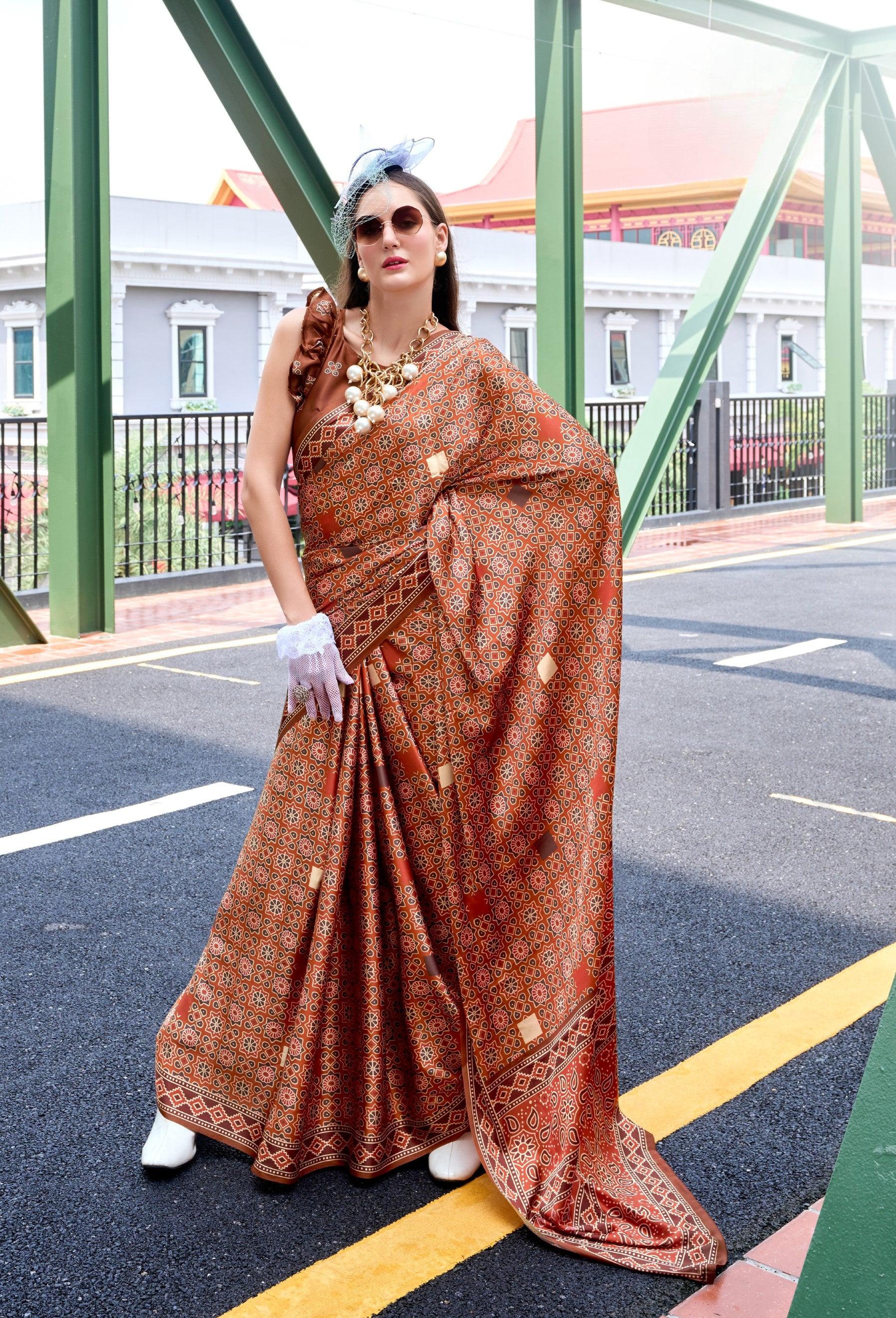 Anaita Brown Ajrakh Printed Pure Satin Silk Saree With Blouse - Distacart
