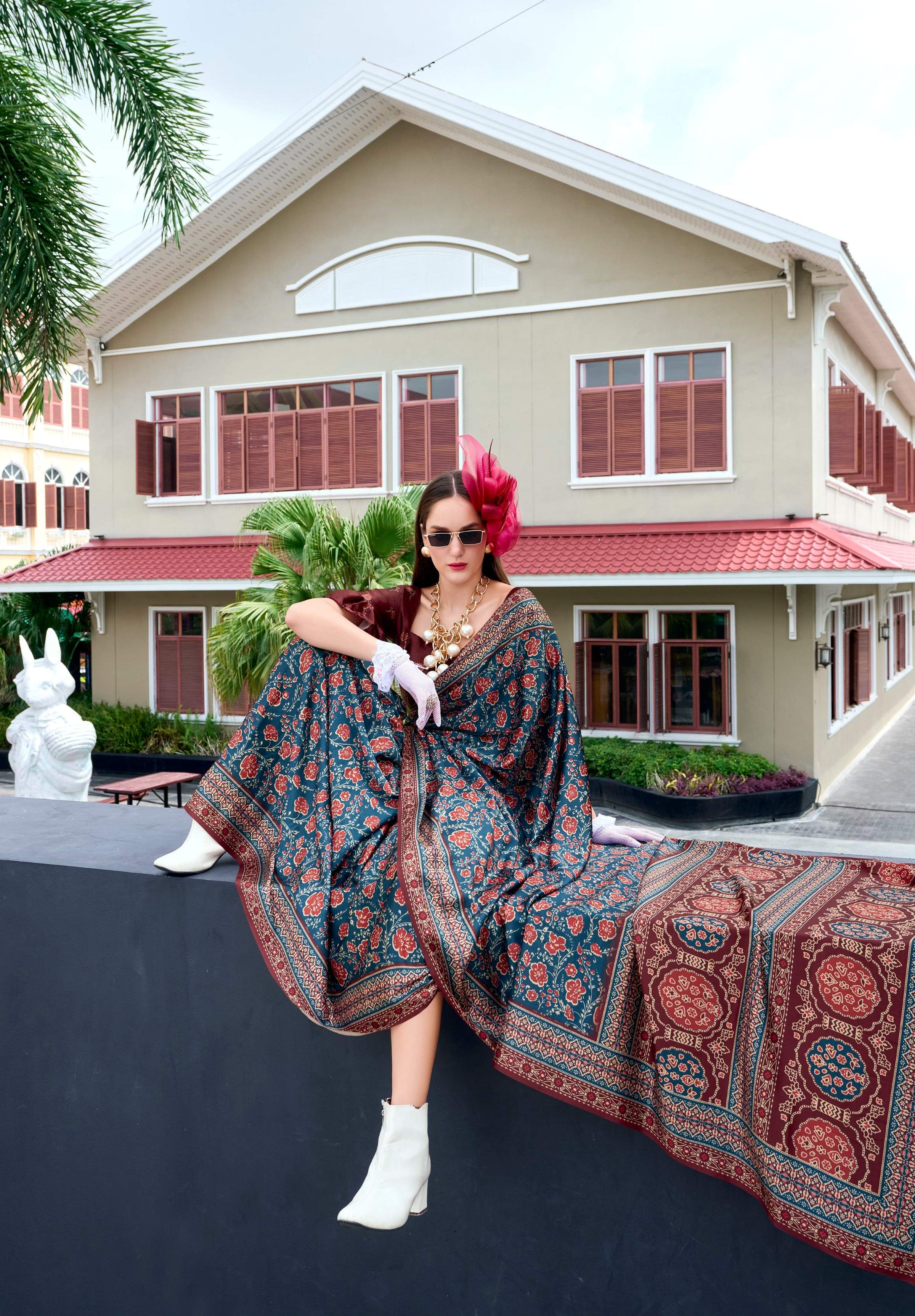 Anaita Teal Green Ajrakh Printed Pure Satin Silk Saree With Blouse - Distacart