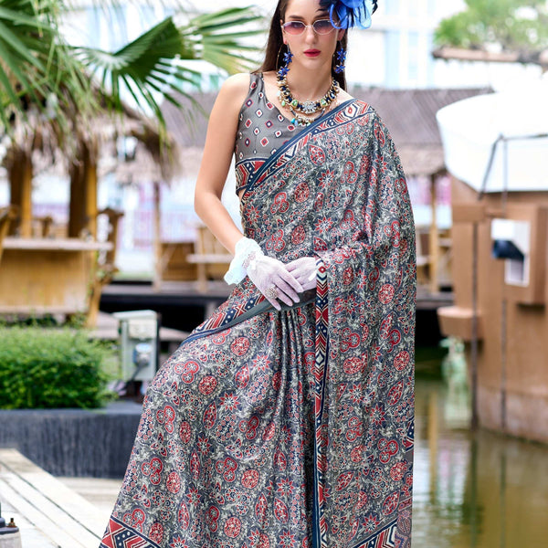 Anaita Grey Ajrakh Printed Pure Satin Silk Saree With Blouse - Distacart