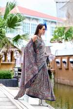 Thumbnail for Anaita Grey Ajrakh Printed Pure Satin Silk Saree With Blouse - Distacart