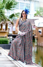 Thumbnail for Anaita Grey Ajrakh Printed Pure Satin Silk Saree With Blouse - Distacart