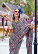Thumbnail for Anaita Grey Ajrakh Printed Pure Satin Silk Saree With Blouse - Distacart