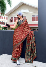 Thumbnail for Anaita Maroon Ajrakh Printed Pure Satin Silk Saree With Blouse - Distacart