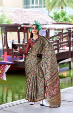 Thumbnail for Anaita Dark Grey Ajrakh Printed Pure Satin Silk Saree With Blouse - Distacart