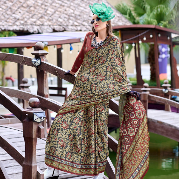 Anaita Dark Grey Ajrakh Printed Pure Satin Silk Saree With Blouse - Distacart