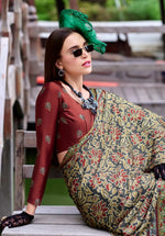 Thumbnail for Anaita Dark Grey Ajrakh Printed Pure Satin Silk Saree With Blouse - Distacart