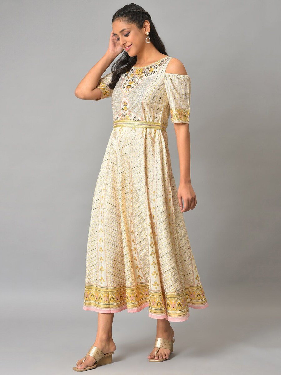 AURELIA Ethnic Motifs Printed Cold-Shoulder Sleeves Midi Fit & Flare Ethnic Dress