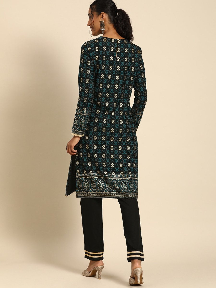 All About You Women Black & Gold-Toned Floral Printed Regular Kurta with Trousers - Distacart