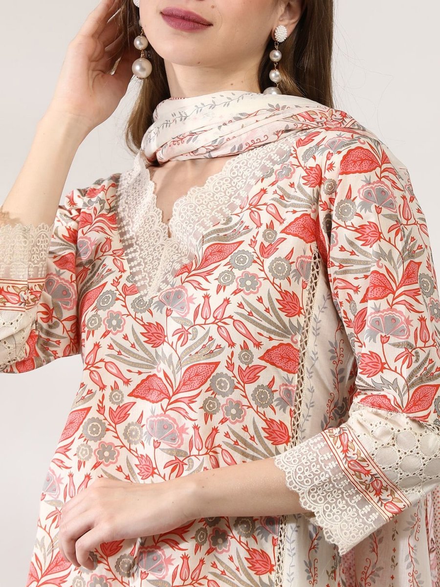 Anouk Floral Printed Regular Thread Work Pure Cotton Kurta With Trousers & Dupatta - Distacart