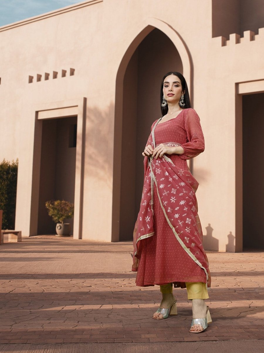 All About You Square Neck Dobby Weave A-Line Kurta With Dupatta - Distacart