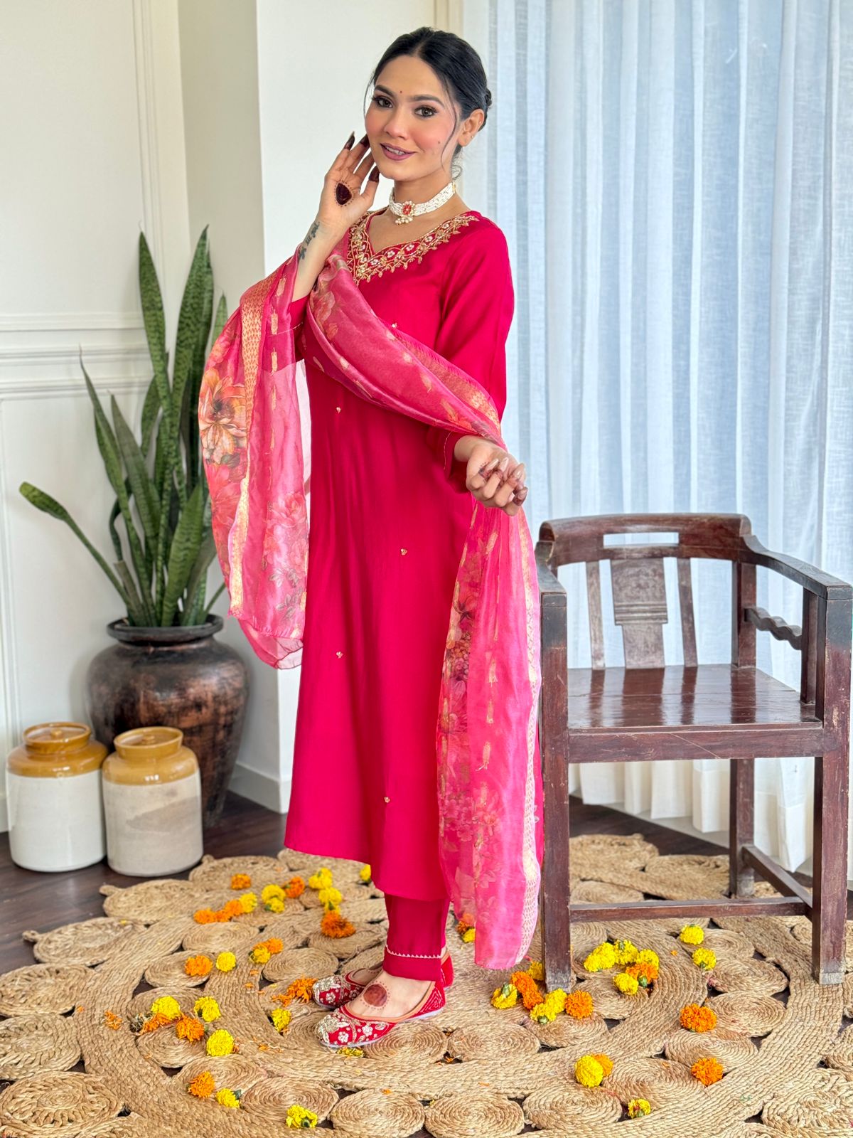 The52 Women's Beautiful Viscose Embroidery work Straight Kurta with Pant and Dupatta Set