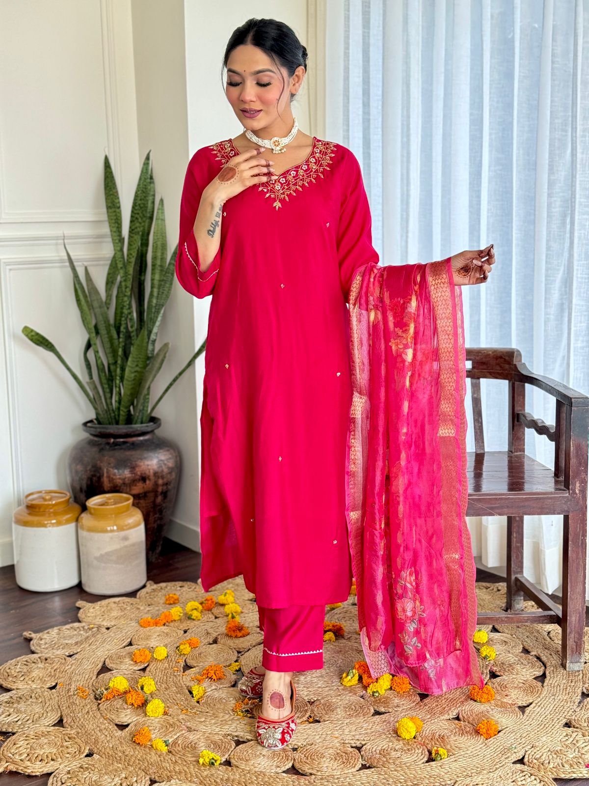 The52 Women's Beautiful Viscose Embroidery work Straight Kurta with Pant and Dupatta Set