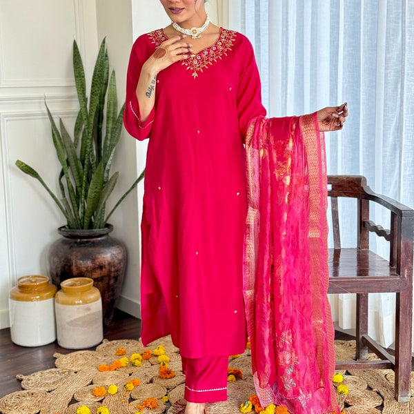 The52 Women's Beautiful Viscose Embroidery work Straight Kurta with Pant and Dupatta Set - Distacart