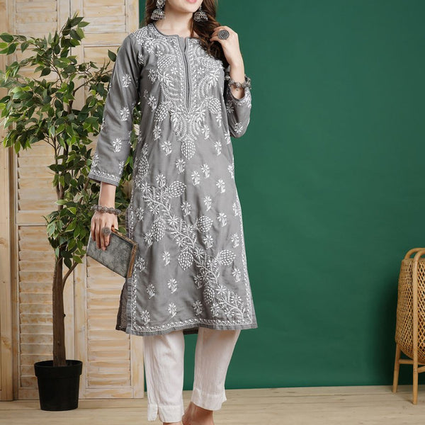 ADA Women Grey & White Chikankari Embroidered Straight Kurta - Distacart