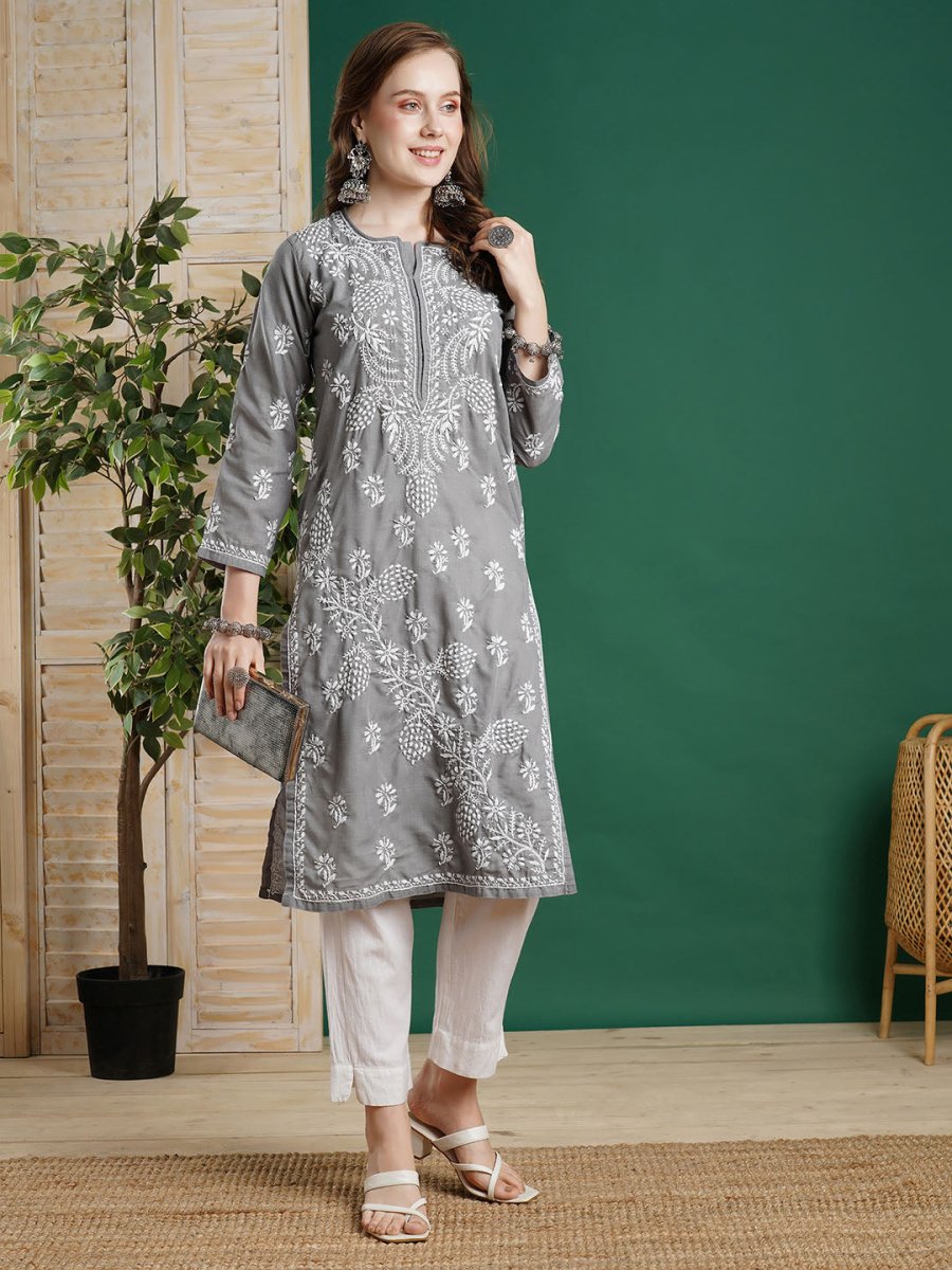 ADA Women Grey & White Chikankari Embroidered Straight Kurta - Distacart